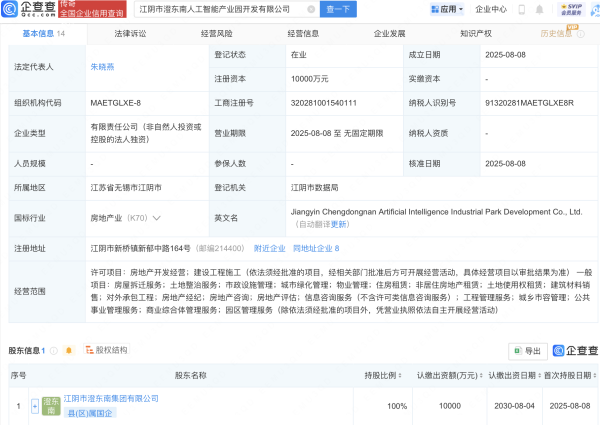 忠琦配资 江阴市澄东南人工智能产业园开发公司成立，注册资本1亿元